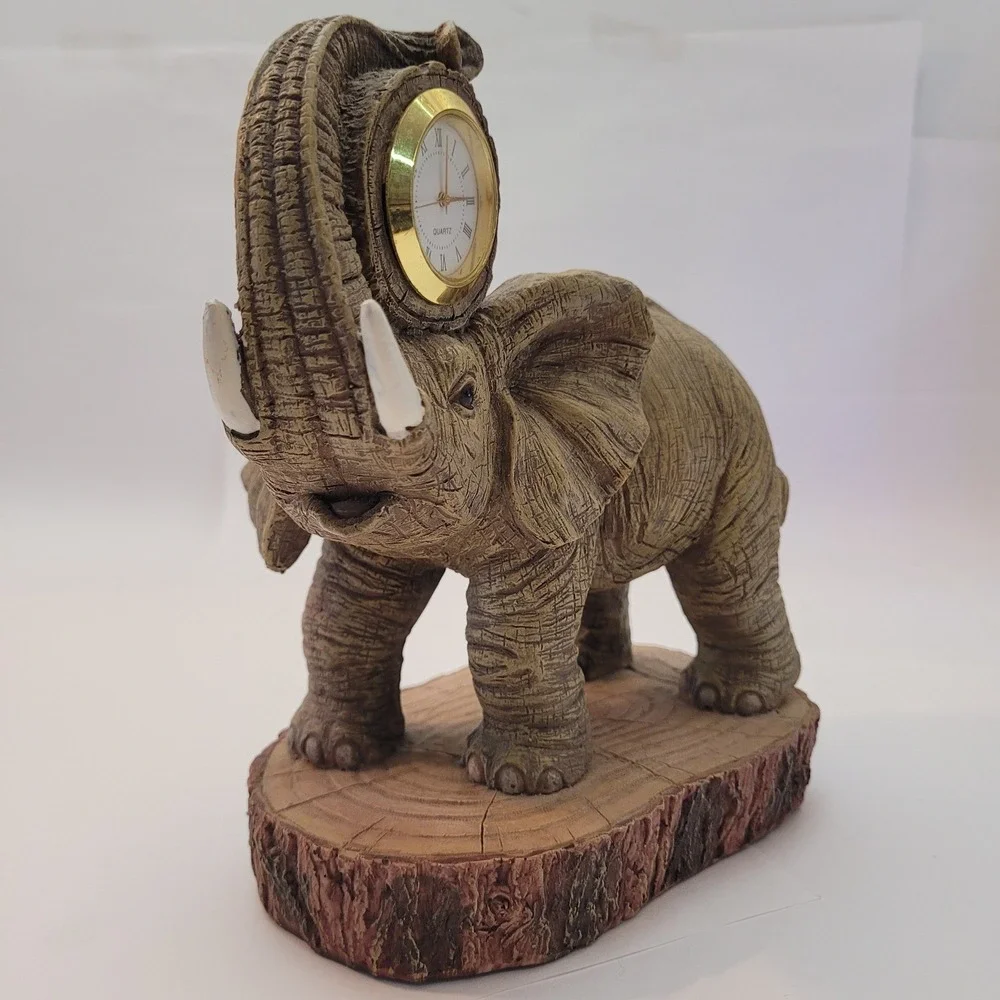 W.F. Elephant Figurine Desk Clock Adult Quartz Wildlife Resin Decor